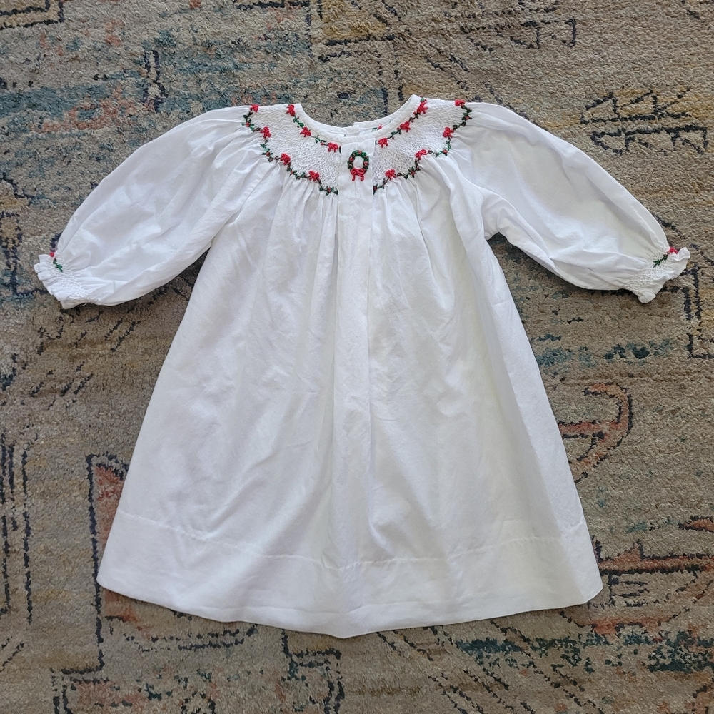 Rare 12 Months Strasburg Smocked White Christmas Dress Wreath Bow Embroidery